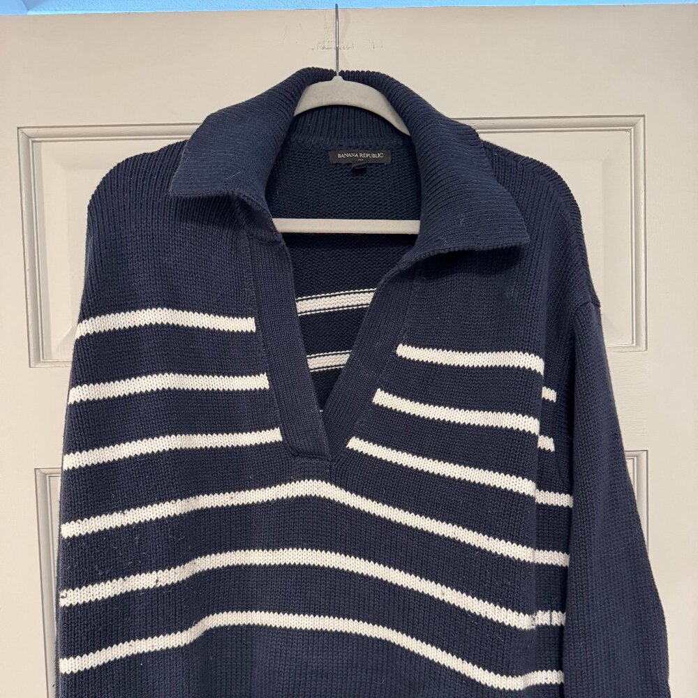 Banana Republic Factory Navy Striped Polo Cotton Blend Sweater. Size XL - Picture 1 of 4